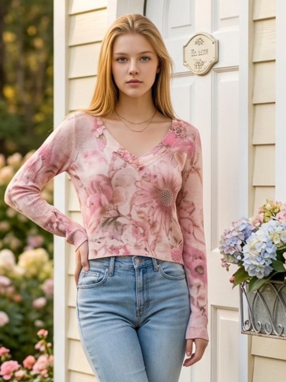 Anthropologie The Dreamer Printed V-Neck Sweater Soft Pink/Cream Floral Print S